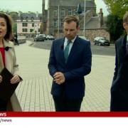 BBC News journalists Jane Hill and Chris Mason flank BBC News Scotland editor James Cook
