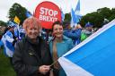 All Under One Banner pro-independence march and rally in Galashiels in the Scottish Borders. Pictured is MSP Christine Grahame, left with Cllr Heather Anderson...  Photograph by Colin Mearns.1st June 2019..
