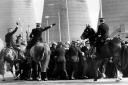 Police horses move in on pickets as coal lorries enter Ravenscraig