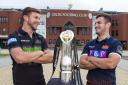 Glasgow Warrior's Ryan Wilson with Edinburgh's Stuart McInally at the launch of the Guinness Pro 14 trophy .The final will be played at Celtic Park.