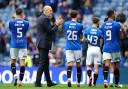 Rangers manager Philippe Clement, second left, applauds supporters with his players following the 4-1 win over Kilmarnock at Ibrox this afternoon