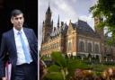 UK Prime Minister Rishi Sunak, and the Peace Palace in Den Haag, the home of the International Court of Justice