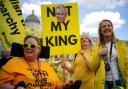 People take part in a rally by anti-monarchy pressure group Republic in Trafalgar Square, London