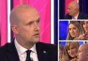 SNP MP Stephen Flynn (left) was interrupted by Iain Dale, Meghan Gallacher, and Fiona Bruce all within the space of one minute