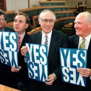 Neil Smith (left, Chairman of Scotland Forward), Alex Salmond (SNP leader), Donald Dewar (Scottish Secretary) and Menzies Campbell in Edinburgh for the launch of the Yes campaign devolution countdown