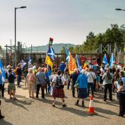 All Under One Banner (AUOB) anti-nuclear weapons rally at the Faslane Royal Navy base, today, Saturday. Photograph: Colin Mearns