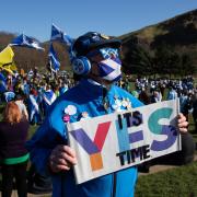 At the Yes2Indee rally people gathered near the Scottish Parliament at the end of the march. Pictured is the silent clansman. Photograph by Colin Mearns