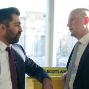 First Minister Humza Yousaf (left) speaks with SNP Westminster leader Stephen Flynn