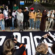 Pro-Palestinian protestors hold a rally outside Columbia University in New York City
