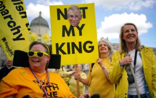 People take part in a rally by anti-monarchy pressure group Republic in Trafalgar Square, London
