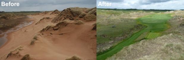 The National: The sand dunes at Sand end burn looking north before and after the construction of the Trump International Golf Links. Photograph: Scottish National Heritage