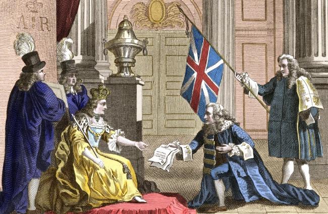 An 1809 engraving shows James Douglas, the '2nd Duke of Queensberry and 1st Duke of Dover' presenting the Act of Union to Queen Anne in 1707