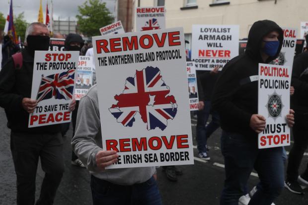 The National: Loyalists take part in an anti-Northern Ireland Protocol rally in Portadown, Co Armagh