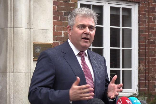 Secretary of State Brandon Lewis speaks to media at Stormont House