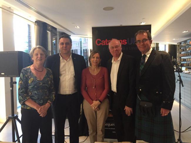 George Kerevan and his late wife Angela Wrapson with Sergi Marcen (second left), who faces losing his home; the former speaker of the Catalan parliament, Carme Forcadell (centre); and Kerevan’s former Westminster aide Chris Bambery (right)