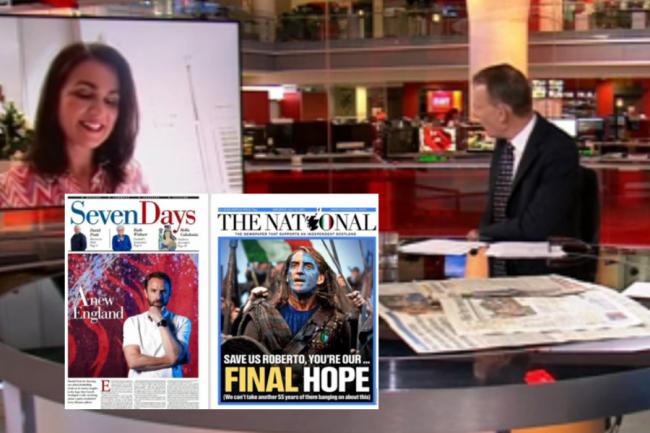 Susanna Reid (left) and Andrew Marr on the latter's self-titled BBC show on July 11 - and the two front pages from The National and our Seven Days pull-out which they focused on
