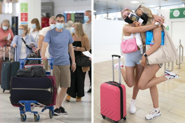 Holiday makers checked in at Glasgow Airport this morning. Right: Friends Poppy (left) and Shannon, both aged 20 and from Glasgow, prepare to head towards the departure gate for their flight to Ibiza
