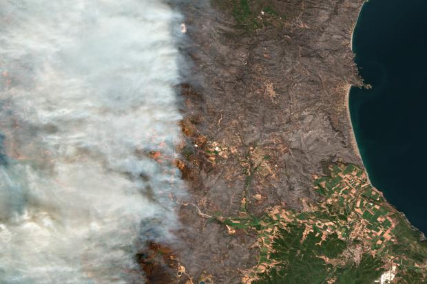 In this satellite image provided by Maxar Technologies wildfires burn north of Athens, Greece on the island of Evia