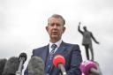 DUP Leader Edwin Poots speaks to the media about the latest updates on the Northern Ireland protocol, Brexit and the north south ministerial council, in front of the statue of Edward Carson at Stormont buildings, Belfast. Picture date: Thursday June 10,