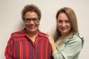 Jackie Kay with podcast host actress Nicola Roy.