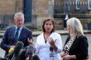 Mary Lou McDonald (centre), speaks to the media alongside Conor Murphy (left) and Michelle O'Neill (right), after meeting with the PM