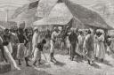 A meeting with explorer David Livingstone in Ujiji near Lake Tanganyika took place as the explorer travelled across Africa to document evidence of slavery