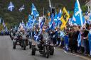 Yes Bikers for Independence ride past the Scottish Parliament. Photograph by Colin Mearns.