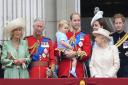 Camilla, Queen Consort, King Charles, Prince George, Prince William and Kate Middleton, Queen Elizabeth, and Prince Harry on the balcony at Buckingham Palace in 2015