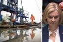 A worker at the Cuadrilla fracking site in Preston New Road, Little Plumpton, Lancashire, and Prime Minister Liz Truss