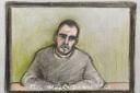 Court artist drawing by Elizabeth Cook of Damien Bendall appearing at Derby Crown Court by video-link on Friday September 24, 2021