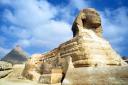 The Great Sphinx of Giza, situated on the Giza Plateau adjacent to the Great Pyramids of Giza on the west bank of the Nile River.