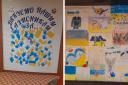 A mural created for Ukrainian refugees (left) and pictures drawn by children (right) to help them feel at home