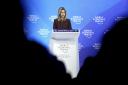 First Lady of Ukraine Olena Zelenska delivers a speech at the World Economic Forum in Davos, Switzerland