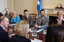 Newly elected First Minister of Scotland Humza Yousaf, with deputy First Minister Shona Robison (right), chairs his first meeting of the Scottish Cabinet, at Bute House in Edinburgh.