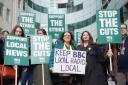NUJ members at the BBC on the picket line at Broadcasting House in central London, over changes to local radio programming.