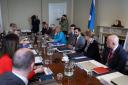 Newly elected First Minister of Scotland Humza Yousaf, with deputy First Minister Shona Robison (second right), chairs his first meeting of the Scottish Cabinet, at Bute House in Edinburgh