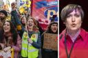 Striking civil servants at a PCS union rally in Glasgow this year and STUC general secretary Roz Foyer (right)