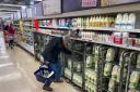 A customer shops for milk inside a Sainsbury's supermarket in east London on February 20, 2023. - British retail sales rebounded surprisingly in January on falling fuel costs and discounting by online and physical stores, official data showed Friday.