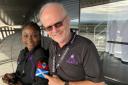 Virgin Galactic private passenger Anastatia Mayers and Chief Pilot Dave Mackay at Spaceport America