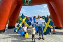 Eva Andersson and friends at the world's largest Dalecarlian horse in Avesta, Sweden