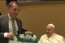 Brendan Rodgers presents Pope Francis with the Hoops