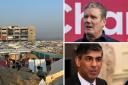 Labour leader Keir Starmer (top right), Prime Minister Rishi Sunak, and an image of Rafah in southern Gaza