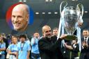 Manchester City manager Pep Guardiola lifts the Champions League trophy last season, main picture, and Rangers manager Philippe Clement, inset