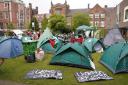 Students at an encampment on the grounds of Newcastle University, protesting against the war in Gaza.