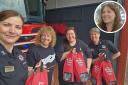 Lesley Winton and Holly Kilday from Fostering Compassion hand over the Smokey Paws kits to Karla Stevenson and Laura McHardy from the Scottish Fire and Rescue Service. Inset: Meghan Ambrozevich-Blair. Images: Contributed