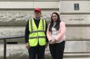 Businessman John Guidi with SNP MP Angela Crawley outside the Treasury.
