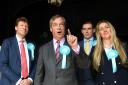 Brexit Party leader Nigel Farage (centre) with Brexit Party chairman Richard Tice (left) and candidates Michael Heaver and June Mummery at the Sugar Hut in Brentwood