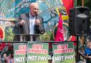 RMT general secretary, Mick Lynch, speaks at a rally outside Kings Cross station. Photograph: PA