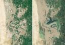 Before (left) and after of flooding around Hala in the Matiari district of Sindh, Pakistan. Picture: Planet Labs PBC