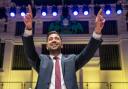First Minister Humza Yousaf on stage after his speech at the SNP independence convention at Caird Hall in Dundee.